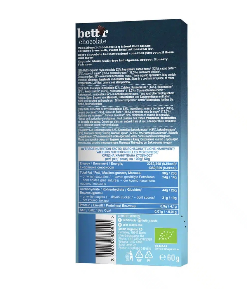 Thanh Chocolate sữa Bio 60g Bettr