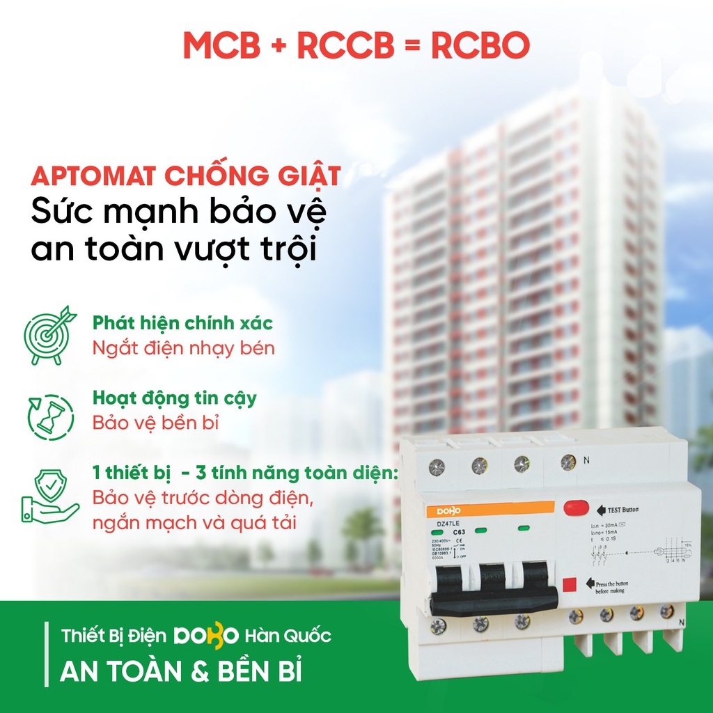 [RCBO 3P 32A] Cầu Dao Chống Giật  RCBO 3 Pha 380V 32A RCBO DOBO KOREA siêu nhạy - 4.5kA 30mA (Aptomat chống giật) DZ47LE-88323P