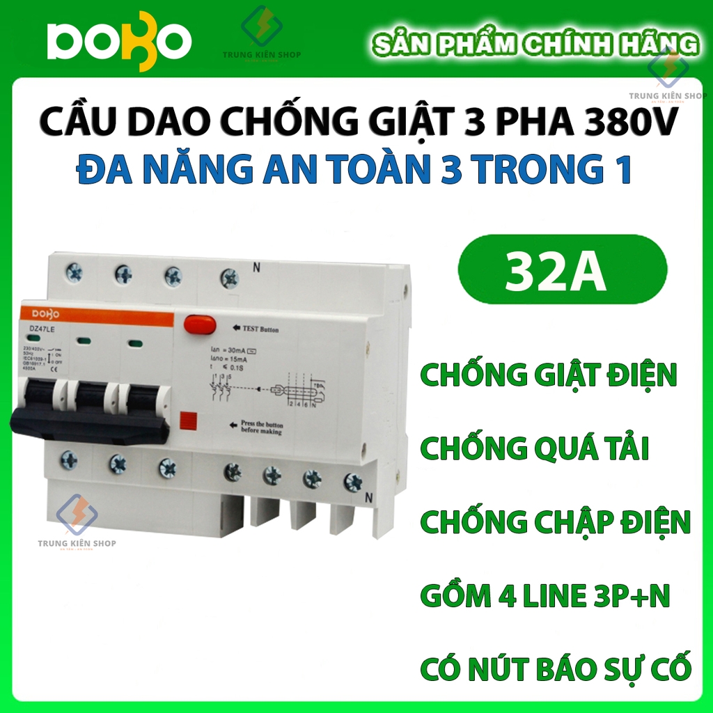 [RCBO 3P 32A] Cầu Dao Chống Giật  RCBO 3 Pha 380V 32A RCBO DOBO KOREA siêu nhạy - 4.5kA 30mA (Aptomat chống giật) DZ47LE-88323P