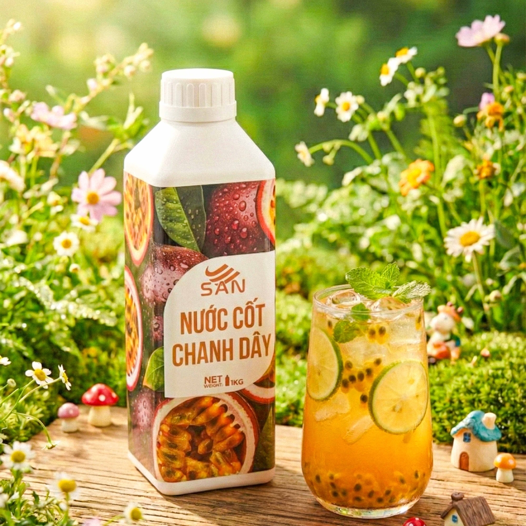 Nước Cốt Chanh Dây SAN Chai 1Kg – Pha Trà Trái Cây, Soda, Đá Xay, Sữa Chua