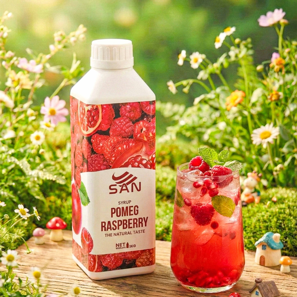 Syrup Lựu Đỏ Mâm Xôi SAN Chai 1Kg – Siro Pha Trà Trái Cây, Soda, Cocktail