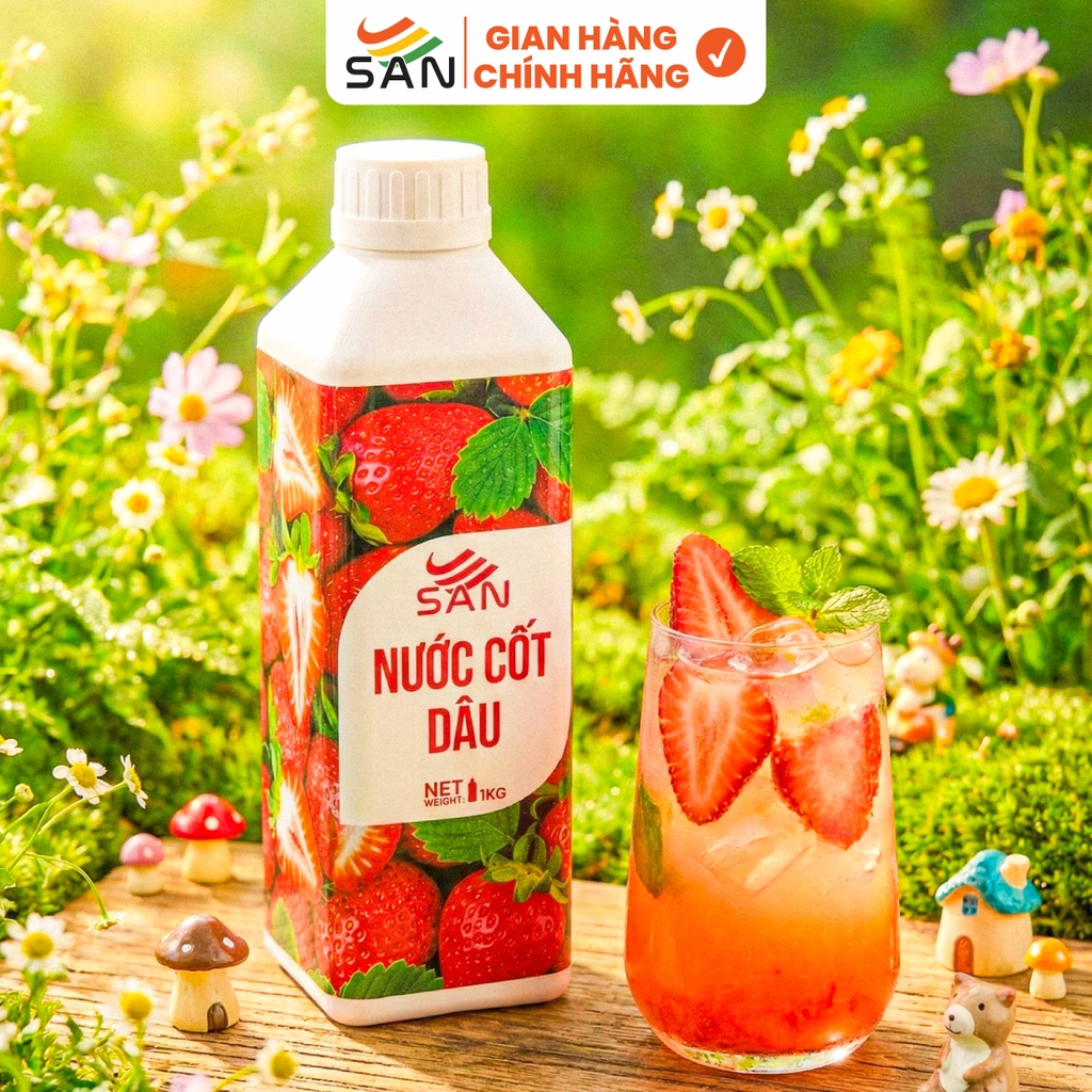 NƯỚC CỐT DÂU Chai 1Kg, tặng sách công thức, tiện dụng, trái cây tự nhiên, đậm đặc, chuyên dùng pha chế trà trái cây, soda
