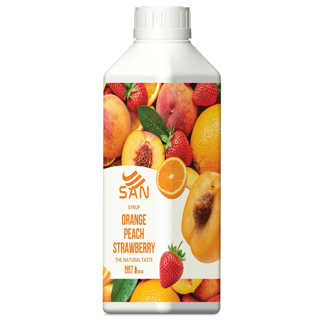 SYRUP CAM ĐÀO DÂU Chai 1Kg, tặng sách công thức, tiện dụng, trái cây tự nhiên, đậm đặc, chuyên dùng pha chế trà trái cây, soda