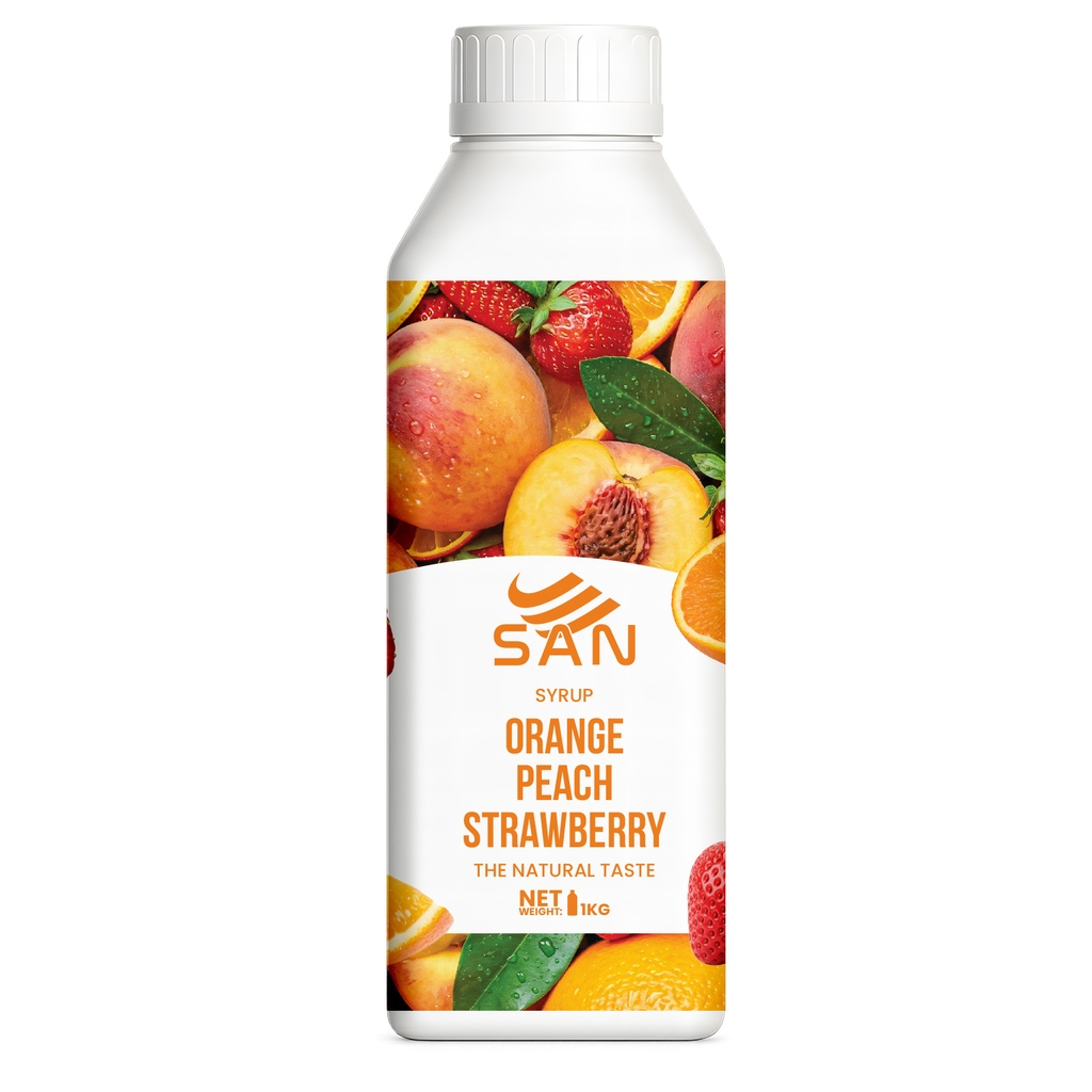 SYRUP CAM ĐÀO DÂU Chai 1Kg, tặng sách công thức, tiện dụng, trái cây tự nhiên, đậm đặc, chuyên dùng pha chế trà trái cây, soda