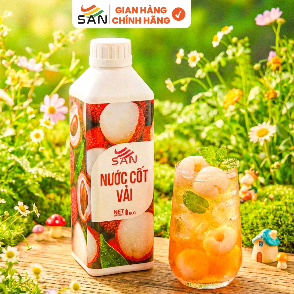 NƯỚC CỐT VẢI Chai 1Kg, tặng sách công thức, tiện dụng, trái cây tự nhiên, đậm đặc, chuyên dùng pha chế trà trái cây, soda
