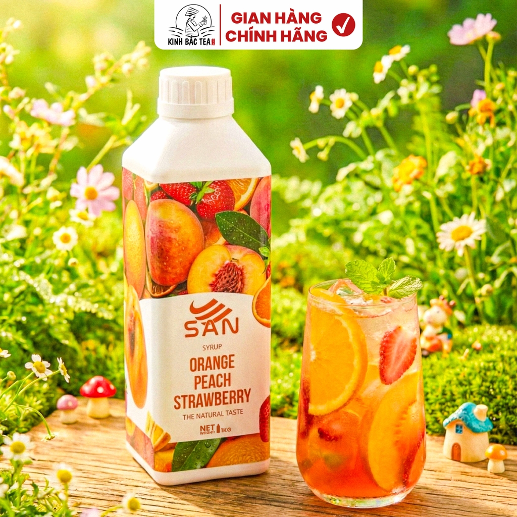 SYRUP CAM ĐÀO DÂU Chai 1Kg, tặng sách công thức, tiện dụng, trái cây tự nhiên, đậm đặc, chuyên dùng pha chế trà trái cây, soda