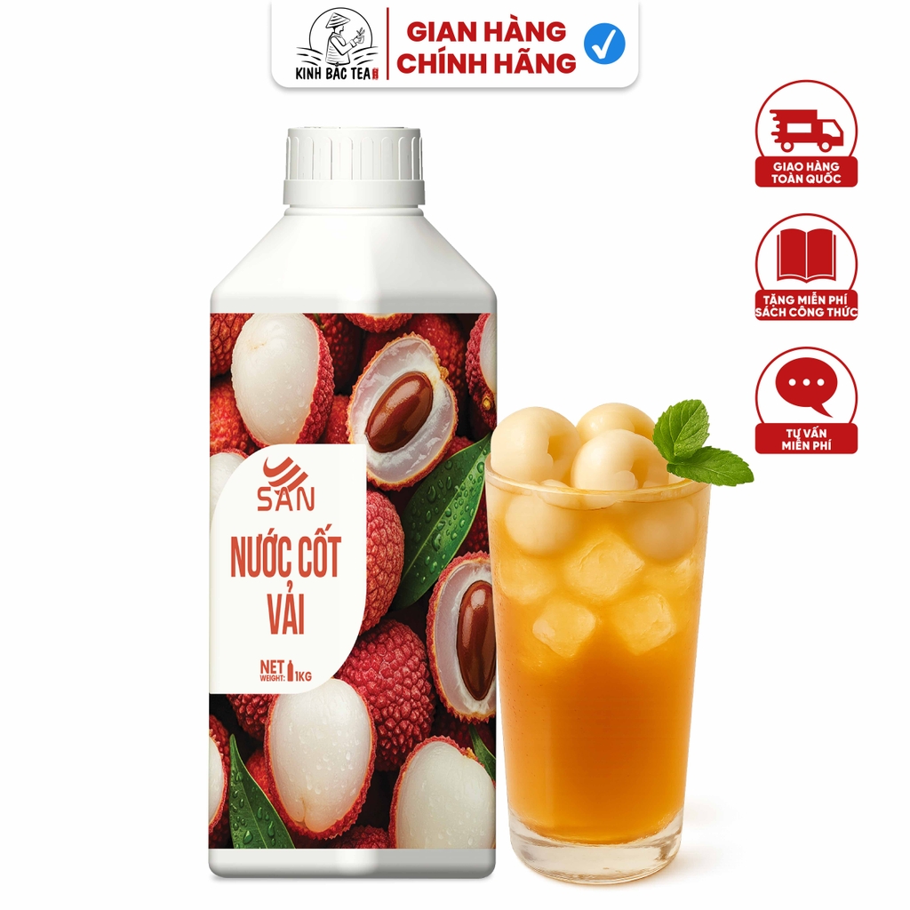 NƯỚC CỐT VẢI Chai 1Kg, tặng sách công thức, tiện dụng, trái cây tự nhiên, đậm đặc, chuyên dùng pha chế trà trái cây, soda