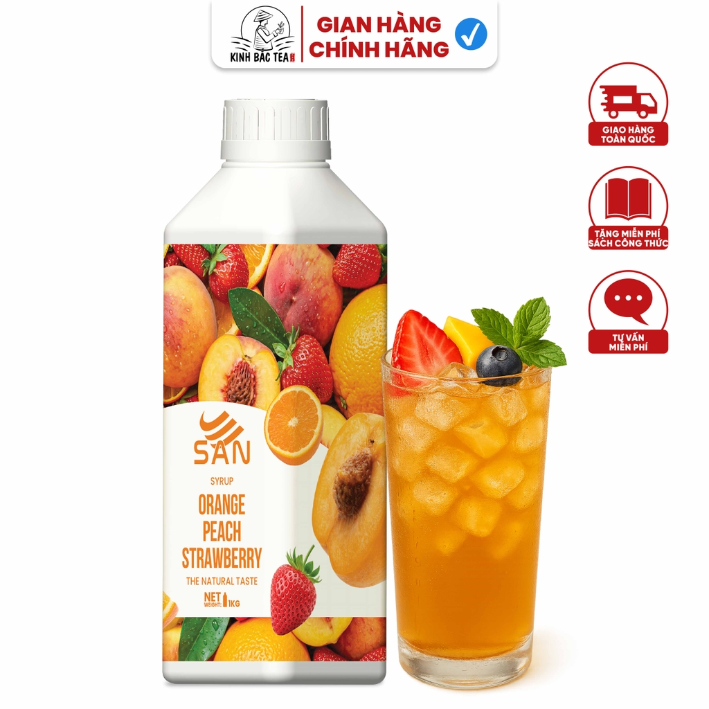 SYRUP CAM ĐÀO DÂU Chai 1Kg, tặng sách công thức, tiện dụng, trái cây tự nhiên, đậm đặc, chuyên dùng pha chế trà trái cây, soda