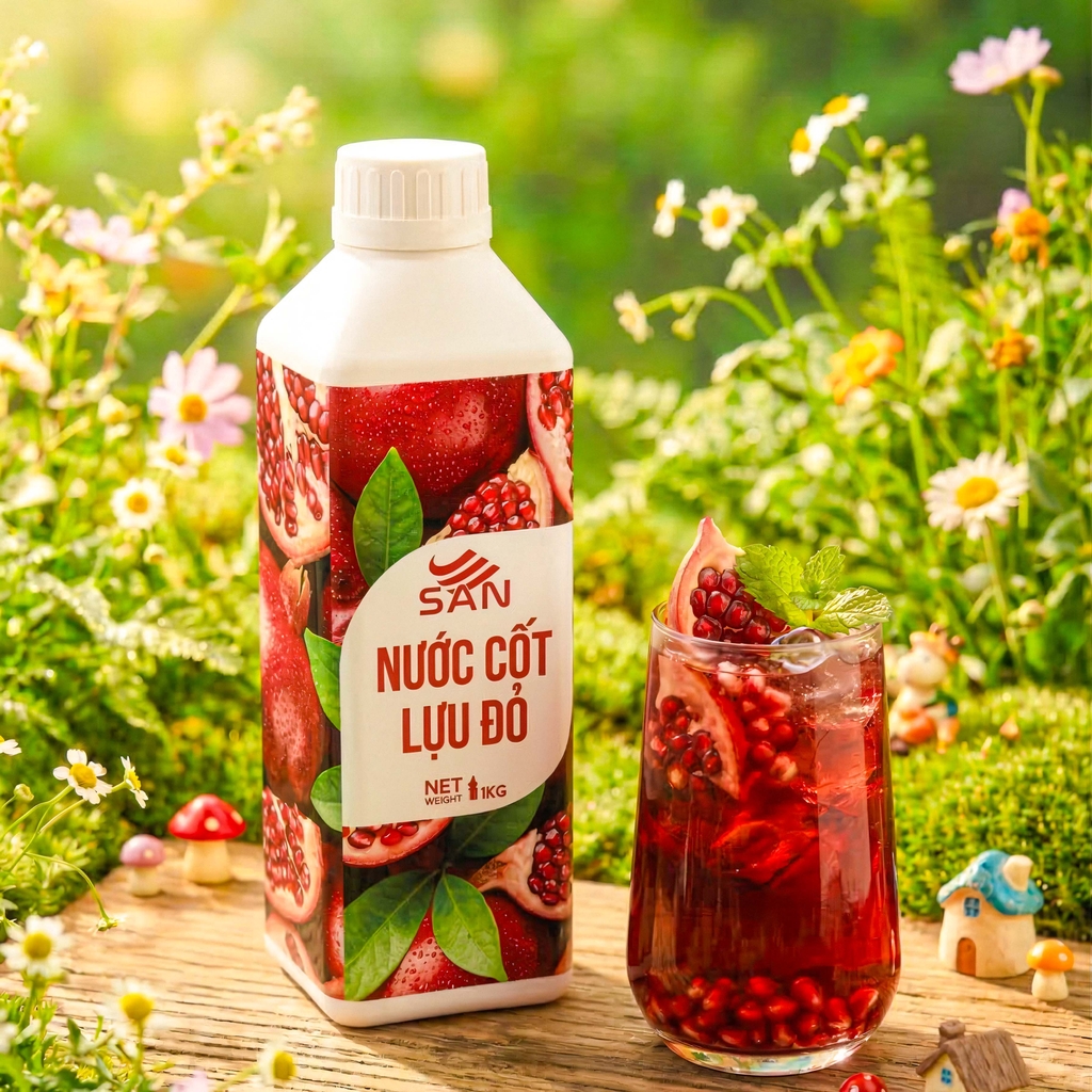 NƯỚC CỐT LỰU ĐỎ (1 kg), tặng sách công thức, tiện dụng, trái cây tự nhiên, đậm đặc, chuyên dùng pha chế trà trái cây, soda