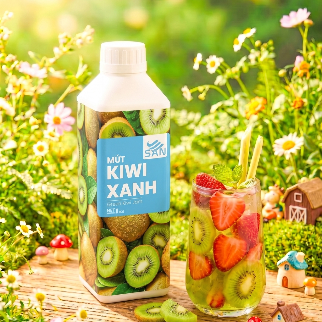 Mứt Kiwi Xanh Chua Ngọt Chai 1kg Tiện Dụng, Chuẩn Pha Chế Soda, Trà Trái Cây, Đồ Uống