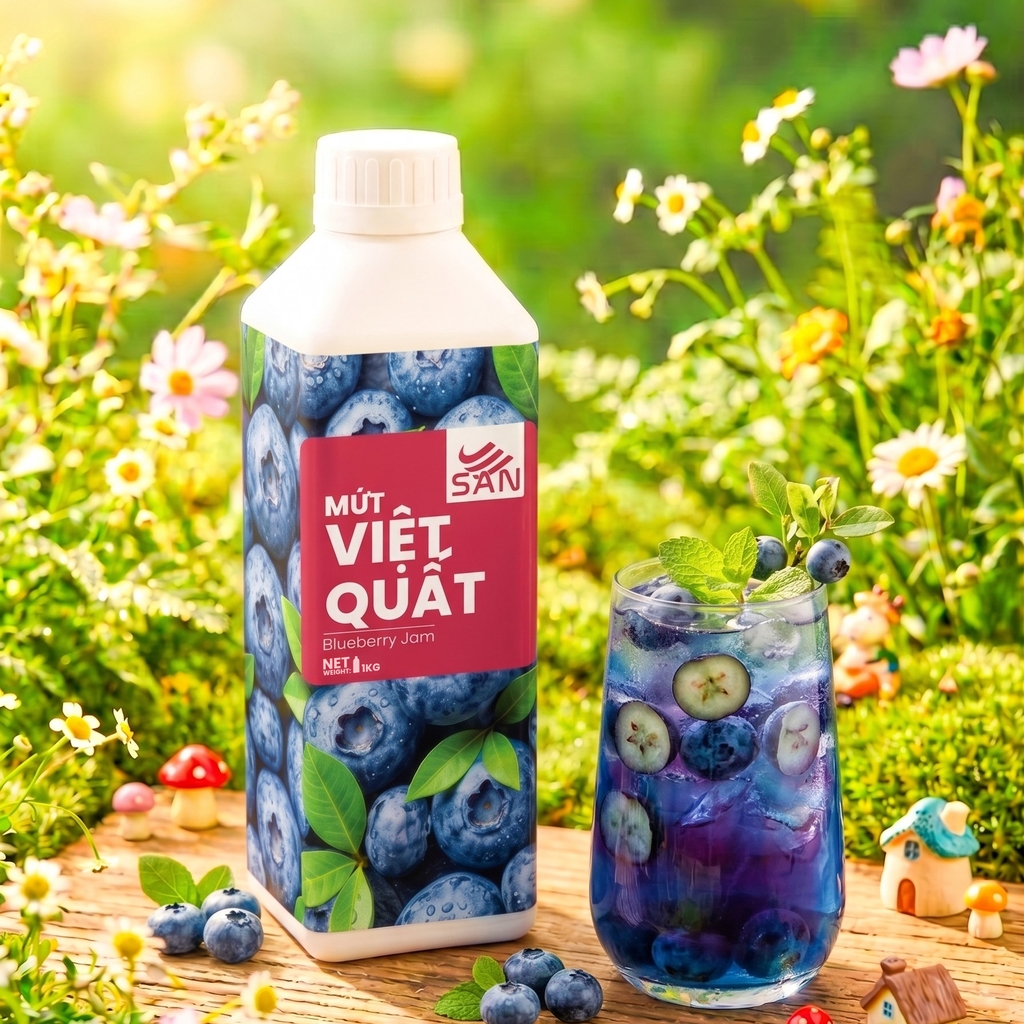 Mứt Việt Quất Blueberry Chai 1kg Tiện Dụng, Chuẩn Pha Chế Sinh Tố, Trà Sữa, Làm Bánh