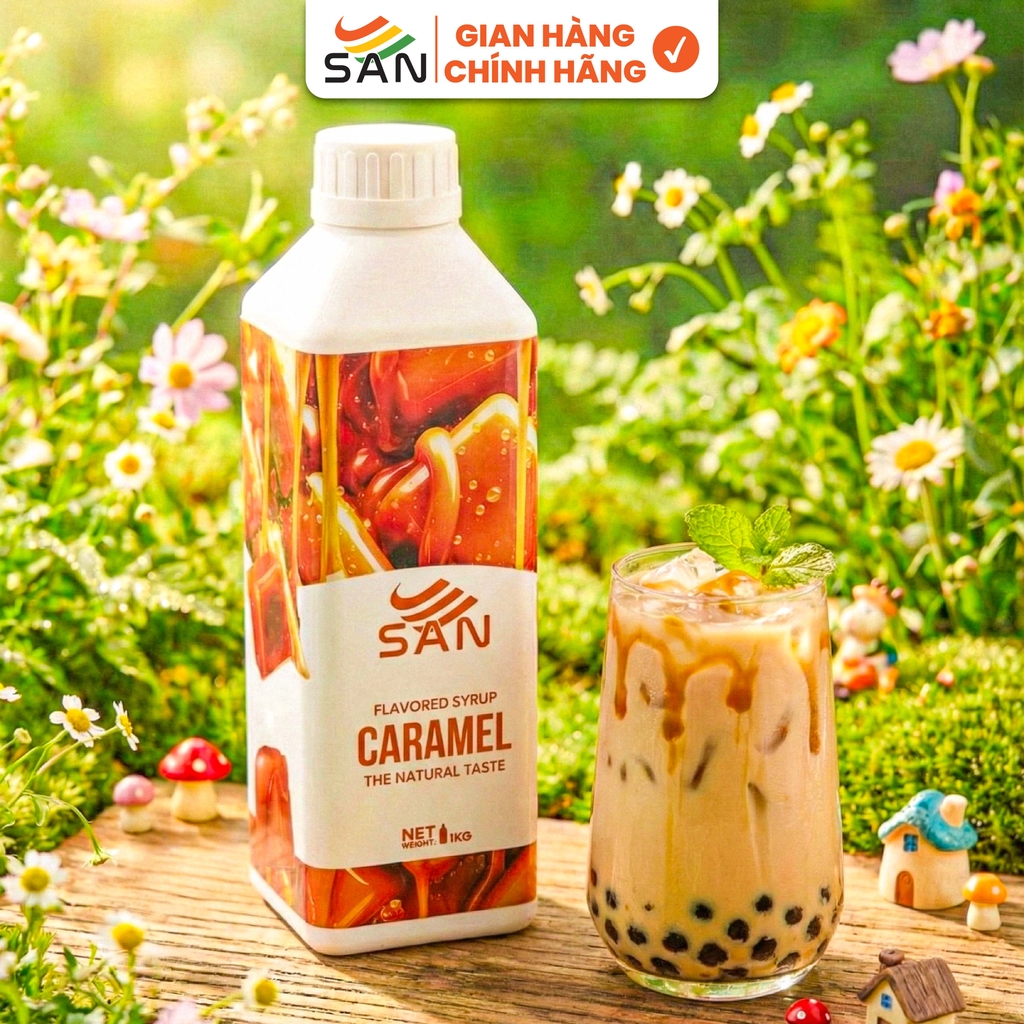 SYRUP HƯƠNG CARAMEL Chai 1Kg, đậm đà, có chai chiết 100ml tặng công thức, latte, trà sữa, làm bánh, pha chế đa dạng