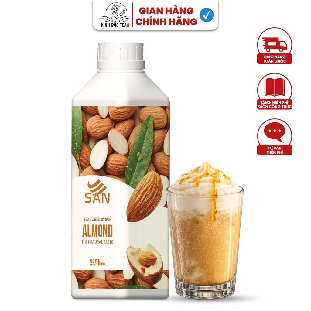 SYRUP HƯƠNG HẠNH NHÂN Chai 1Kg, đậm đà, có chai chiết 100ml tặng công thức, latte, trà sữa, làm bánh, pha chế đa dạng
