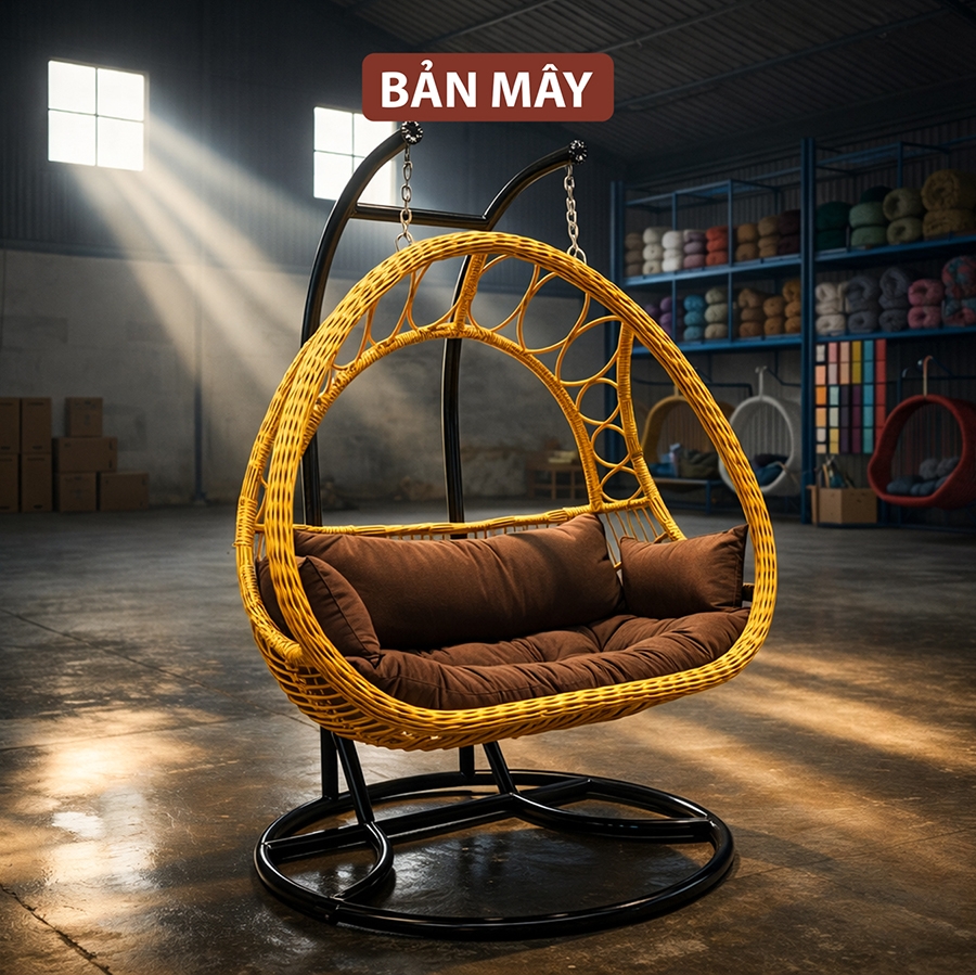 Bàn ghế ngoài trời, xích đu mây nhựa khung thép nội thất Bản Mây ngồi được 3 người đan thủ công cao cấp