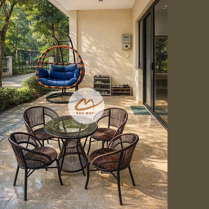 Bộ xích đu bàn ghế ban công, sân vườn, nội thất mây nhựa ngoài trời ngồi thư giãn, decor trang trí nhà cửa
