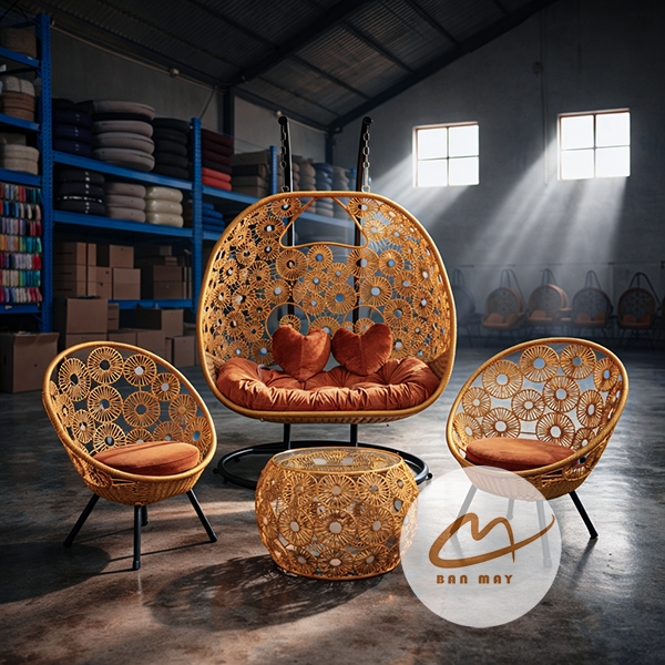 Bộ bàn ghế nội thất ngoài trời, xích đu sân vườn Bản Mây khung thép đan thủ công họa tiết đồng xu, hoa cúc trang trí nhà cửa