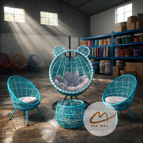 Bộ Bàn Ghế Xích Đu Mây Nhựa Tai Gấu Cao Cấp, Đan Vảy Rồng Độc Đáo