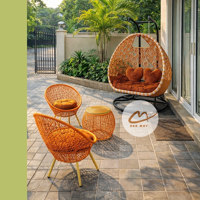 Bộ xích đu bàn ghế ban công, sân vườn, nội thất mây nhựa ngoài trời ngồi thư giãn, decor trang trí nhà cửa