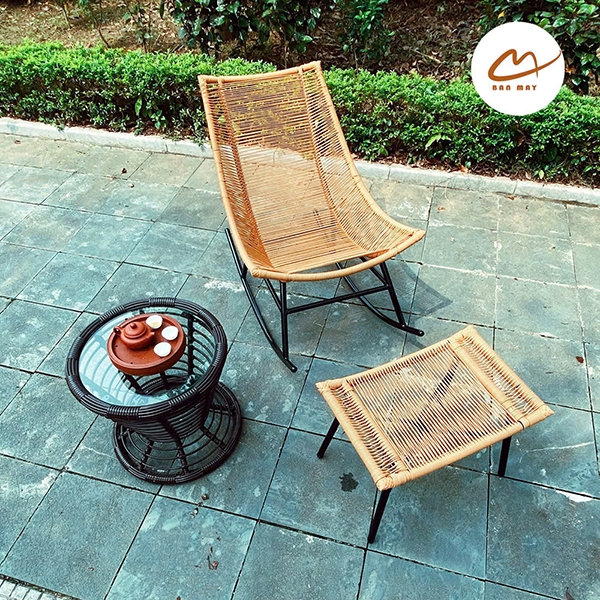 Ghế bập bênh mây nhựa, bộ bàn trà nội thất sân vườn Bản Mây thủ công, chịu nắng, chịu mưa