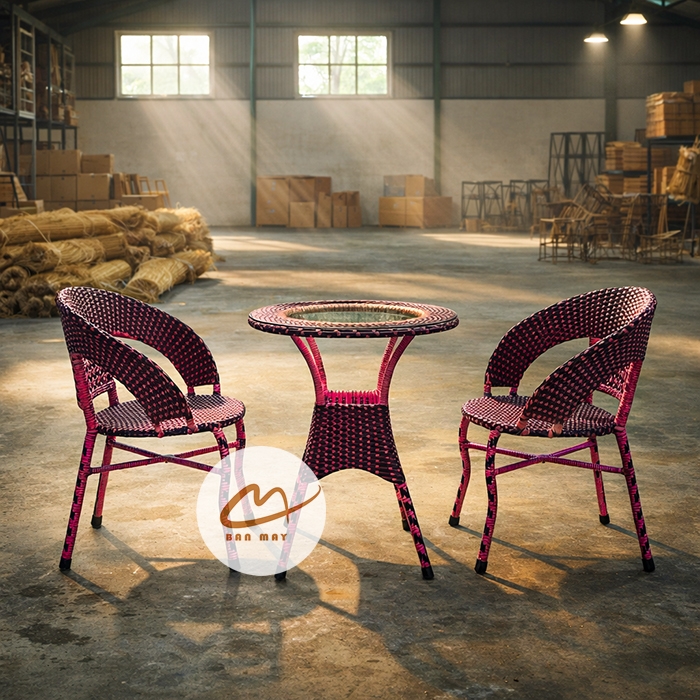 Bàn ghế ngoài trời, bàn ghế mây nhựa khung thép nội thất Bản Mây thiết kế dáng chân quỳ sang trọng, decor ban công sân vườn