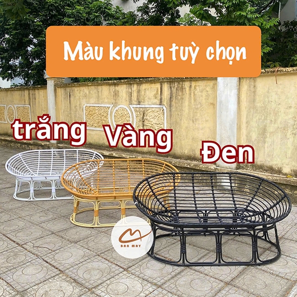Ghế thư giãn papasan đôi, ghế lười mây nhựa khung thép nội thất Bản Mây dài 1m6 nằm thư giãn, setup mọi không gian