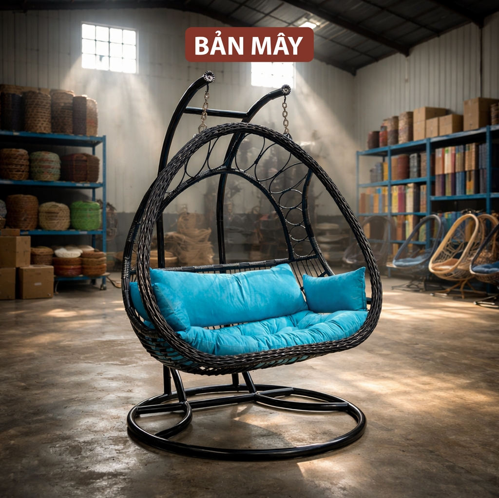 Bàn ghế ngoài trời, xích đu mây nhựa khung thép nội thất Bản Mây ngồi được 3 người đan thủ công cao cấp