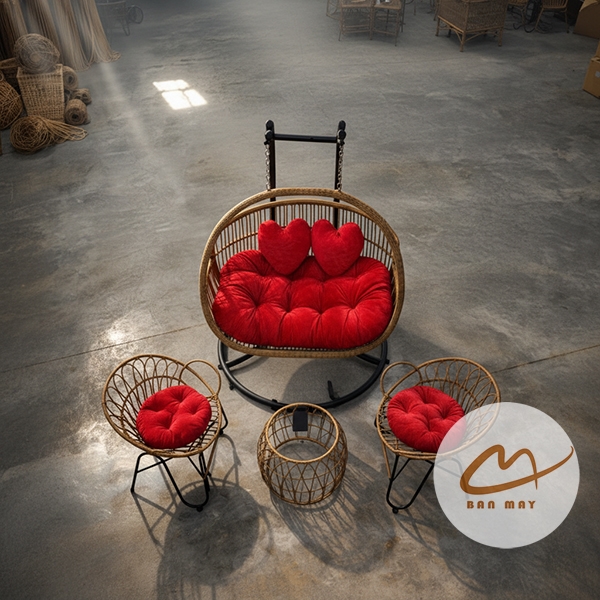 Bộ Bàn Ghế Xích Đu Mây Nhựa Ngoài Trời – Combo 3 Chỗ Ngồi Đồng Bộ Cho Góc Tiếp Khách Thư Giãn