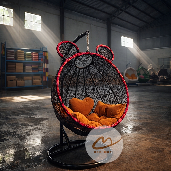 Ghế Xích Đu Tai Gấu Tròn – Nghệ Thuật Đan Mây Nhựa Thủ Công Tinh Tế