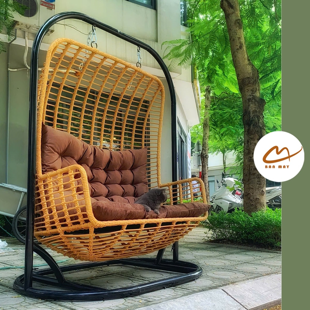 Xích đu sofa lồng vàng đệm nâu