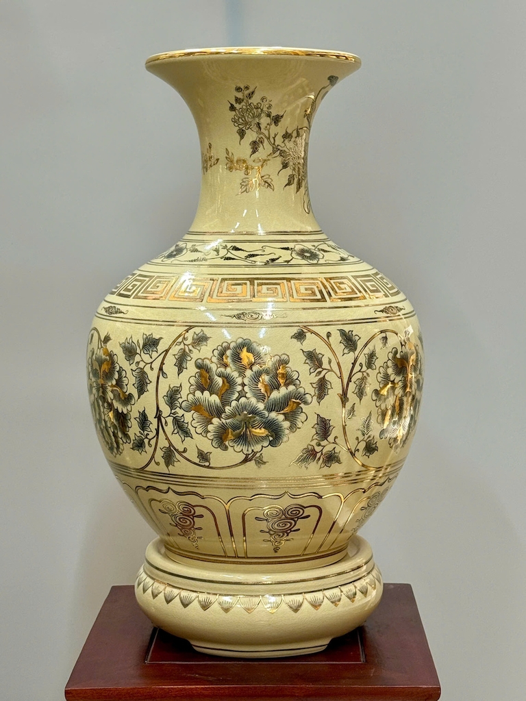 Bình Phú Quý Hoạ Tiết Phù Dung Cao 52cm Gốm Chu Đậu Vẽ Vàng