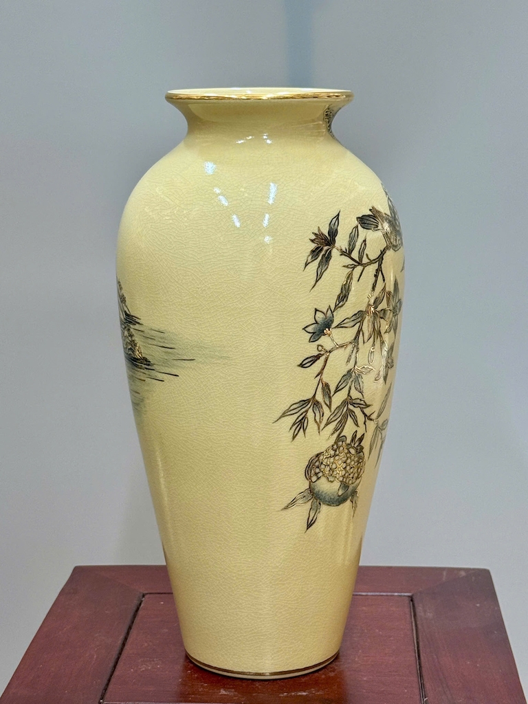 Bình Hoa Như Ý Chim Đào Cao 35cm Gốm Chu Đậu Vẽ Vàng