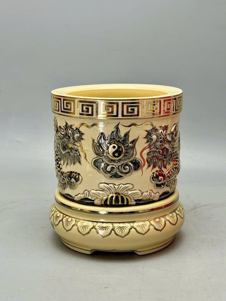 Bát Hương Fi24 Hoạ Tiết Rồng Đắp Nổi Vẽ Vàng 24k