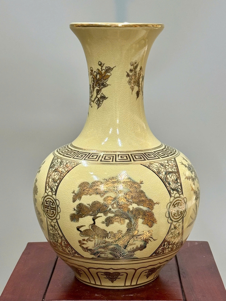 Bình Phú Quý Tứ Cảnh Chữ Phúc Cao 35cm Gốm Chu Đậu Vẽ Vàng