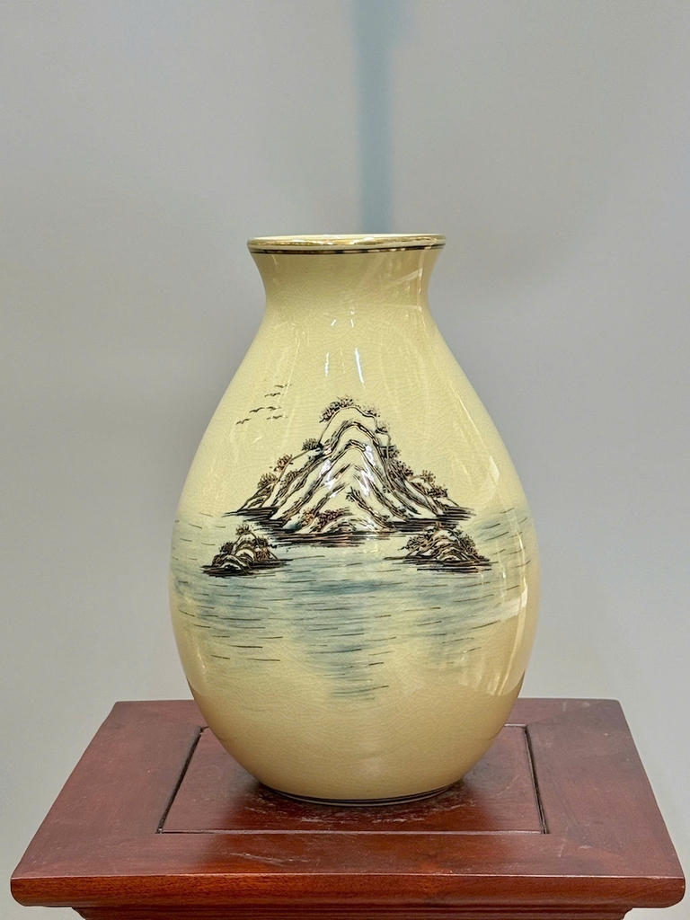 Bình Lão Vọng Cao 28cm Chim Đào Gốm Chu Đậu Vẽ Vàng