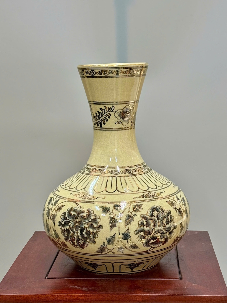 Bình Hoa Cúc Quân Tử Cao 28cm Gốm Chu Đậu Vẽ Vàng