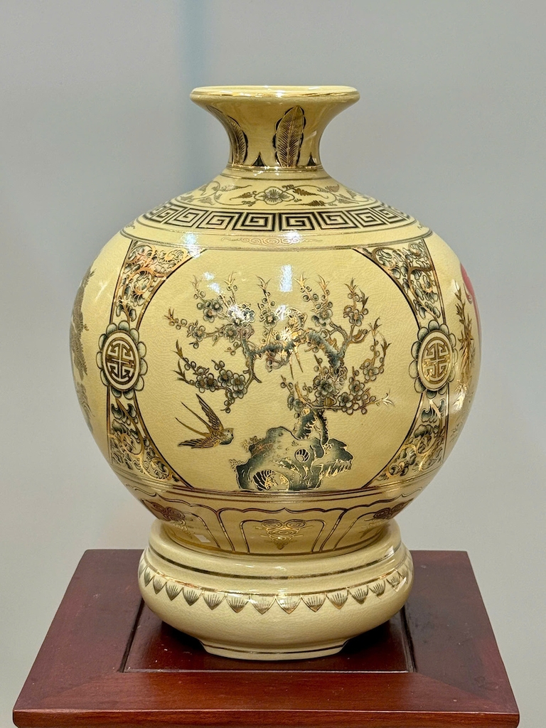 Bình Hút Lộc Tứ Cảnh Chữ Phúc Cao 36cm Gốm Chu Đâu Vẽ Vàng