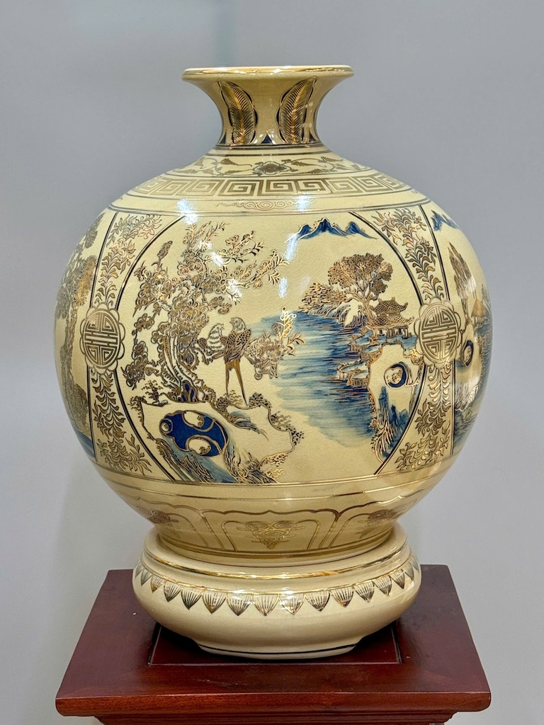 Bình Hút Lộc Tứ Cảnh Sơn Thuỷ Xanh CoBan Cao 42cm Gốm Vẽ Vàng