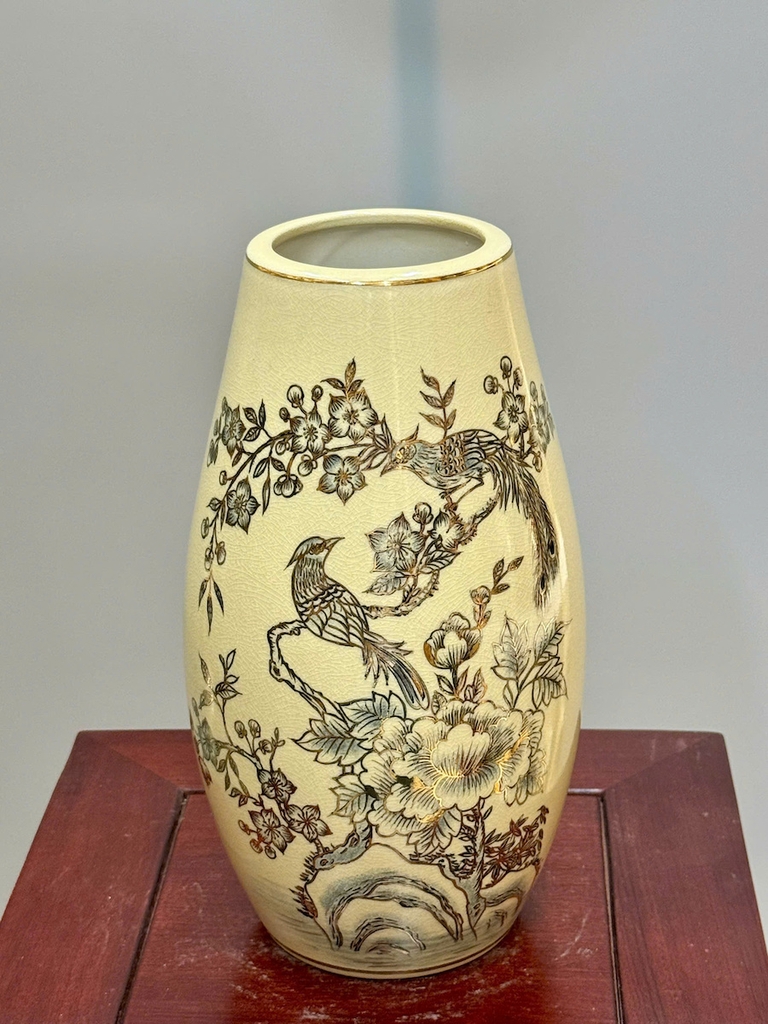 Bình Thiên Kim Chim Đào H28 Gốm Chu Đậu Vẽ Vàng