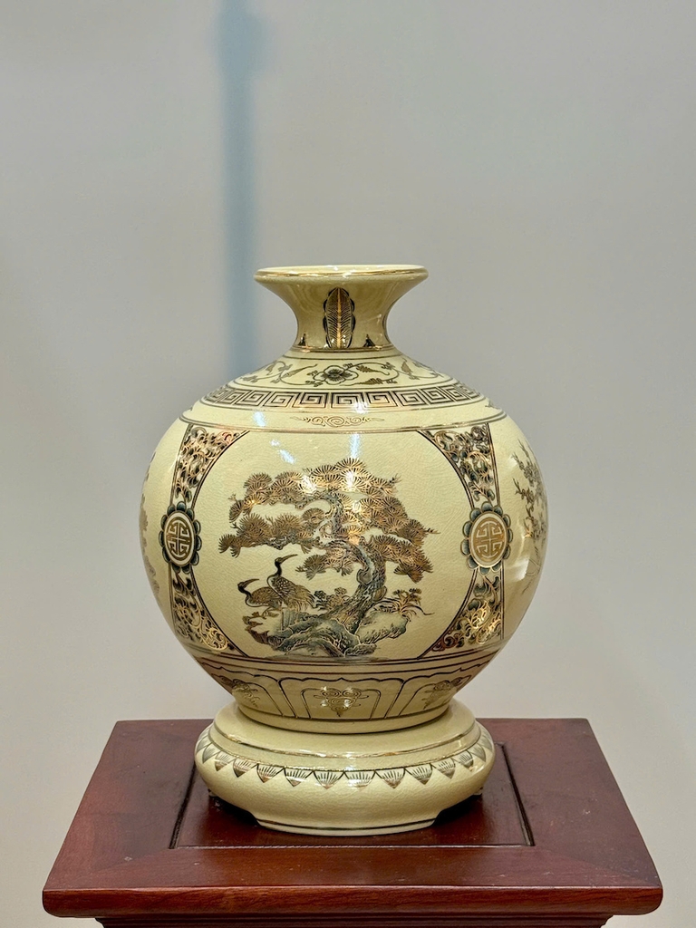 Bình Hút Lộc Tứ Cảnh Chữ Bình An Cao 29cm Gốm Chu Đậu Vẽ Vàng