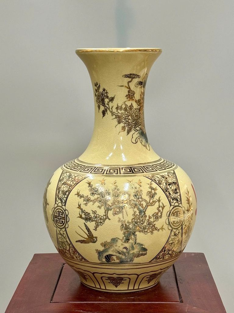 Bình Phú Quý Tứ Cảnh Chữ Phúc Cao 35cm Gốm Chu Đậu Vẽ Vàng