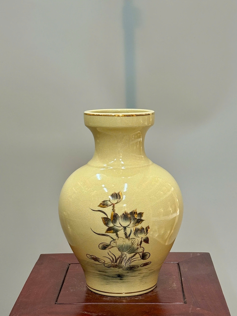 Bình Trạng Nguyên Hoa Sen Cao 28cm Gốm Vẽ Vàng