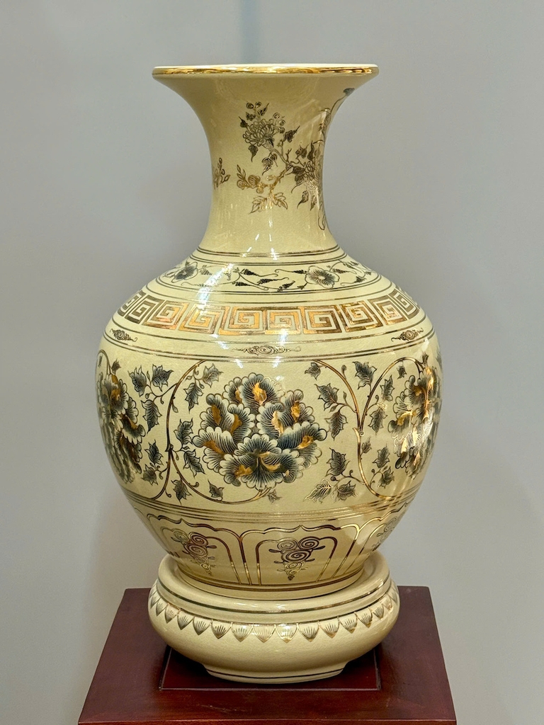 Bình Phú Quý Hoạ Tiết Phù Dung Cao 52cm Gốm Chu Đậu Vẽ Vàng