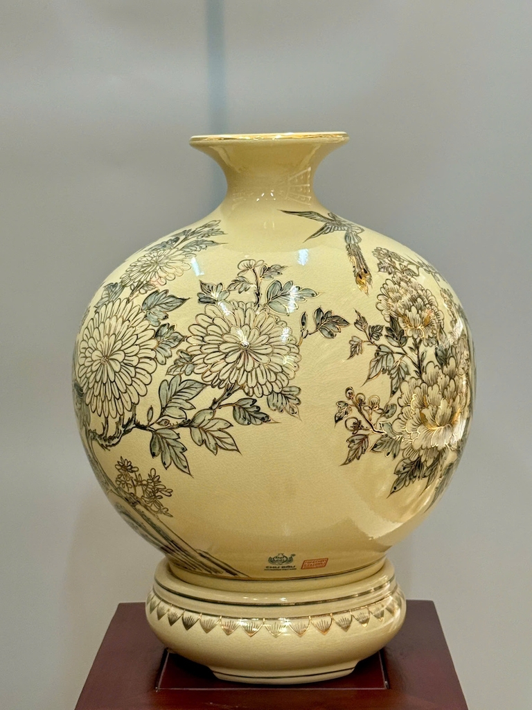 Bình Tài Lộc Hoạ Tiết Chim Đào Cao 42cm Gốm Vẽ Vàng