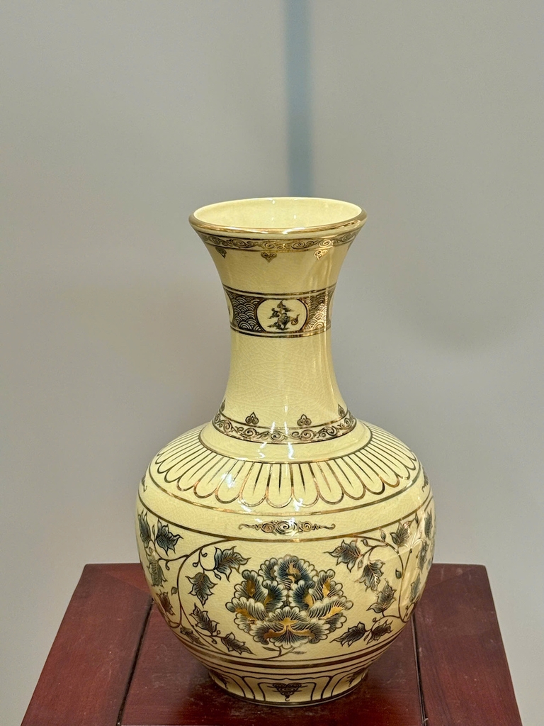 Bình Phú Quý Hoa Phù Dung Cao 30cm Gốm Chu Đậu Vẽ Vàng