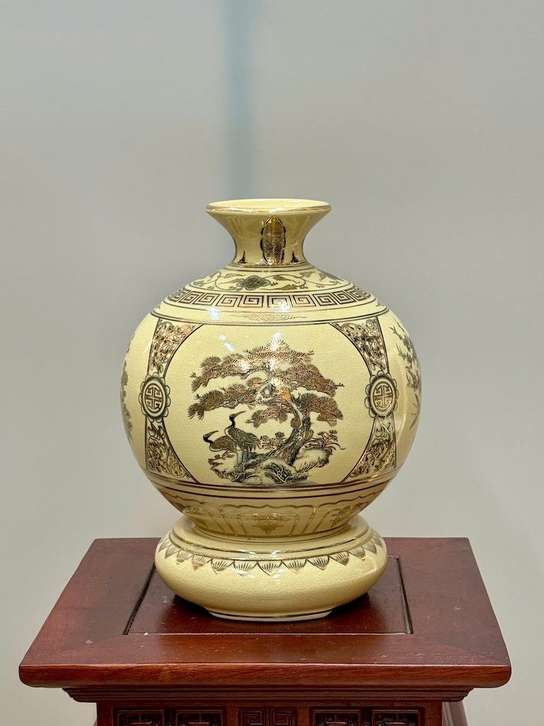 Bình Hút Lộc Tứ Cảnh Chữ Phúc Cao 27cm Gốm Chu Đậu Vẽ Vàng