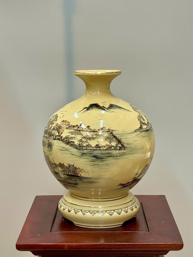 Bình Hút Lộc Phong Cảnh Quê Hương Cao 29cm Gốm Chu Đậu Vẽ Vàng