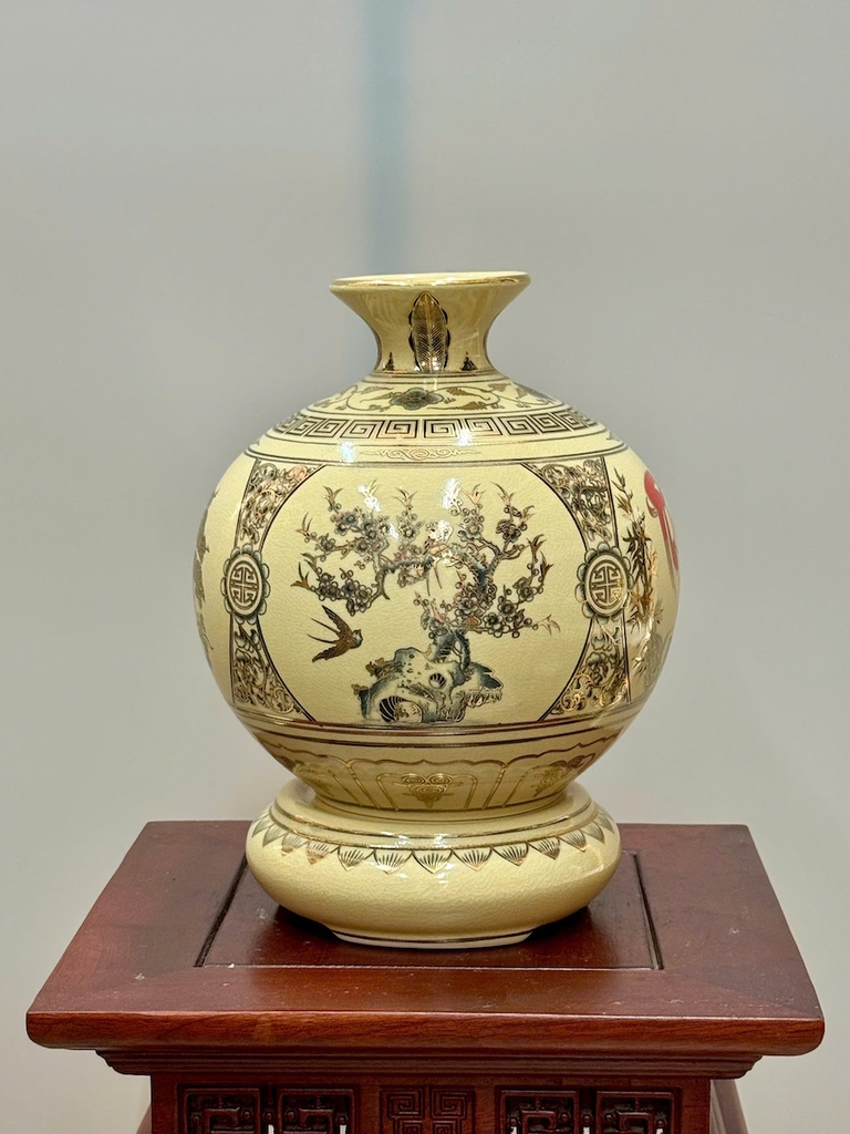 Bình Hút Lộc Tứ Cảnh Chữ Phúc Cao 27cm Gốm Chu Đậu Vẽ Vàng