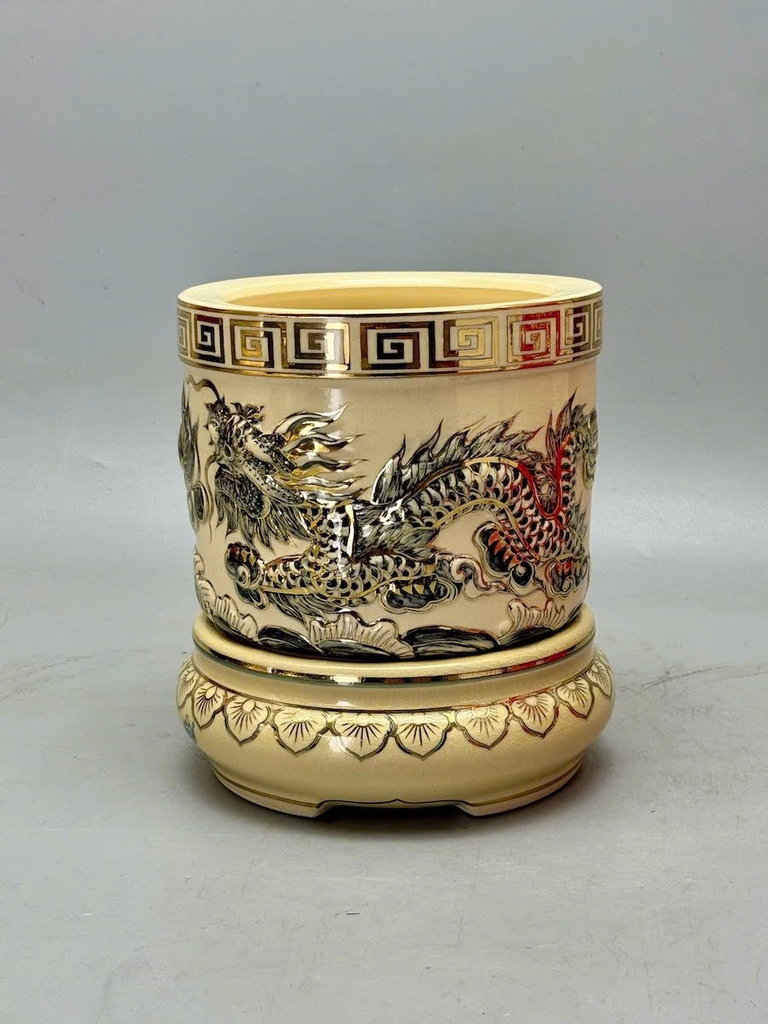 Bát Hương Fi24 Hoạ Tiết Rồng Đắp Nổi Vẽ Vàng 24k