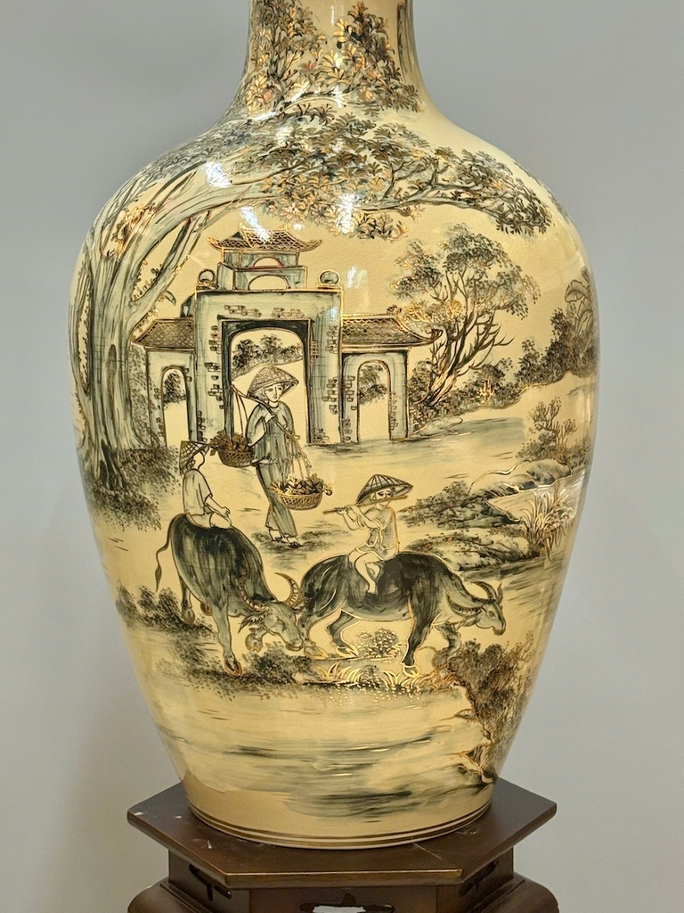 Bảo Bình Cảnh Làng Quê Cao 80cm Gốm Chu Đậu Vẽ Vàng