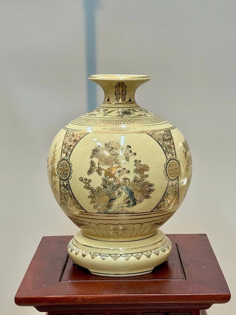 Bình Hút Lộc Tứ Cảnh Chữ Phúc Cao 29cm Gốm Chu Đậu Vẽ Vàng